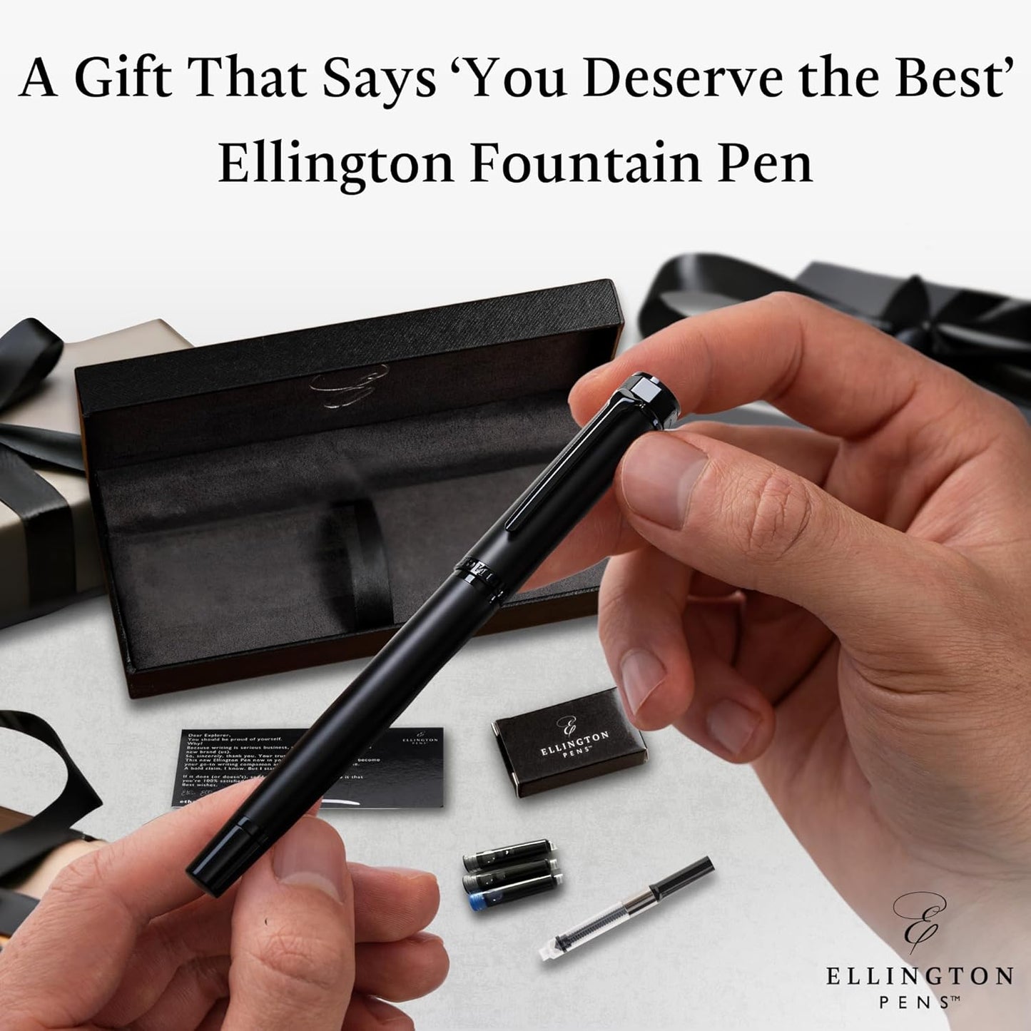 Ellington Pens Luxury Fountain Pen Set - Fountain Pens For Writing - Smooth Fine Nib - Includes Refillable Ink Converter, 3 Ink Cartridges, Gift Box - Calligraphy, Journaling, Sketching (The Stealth)