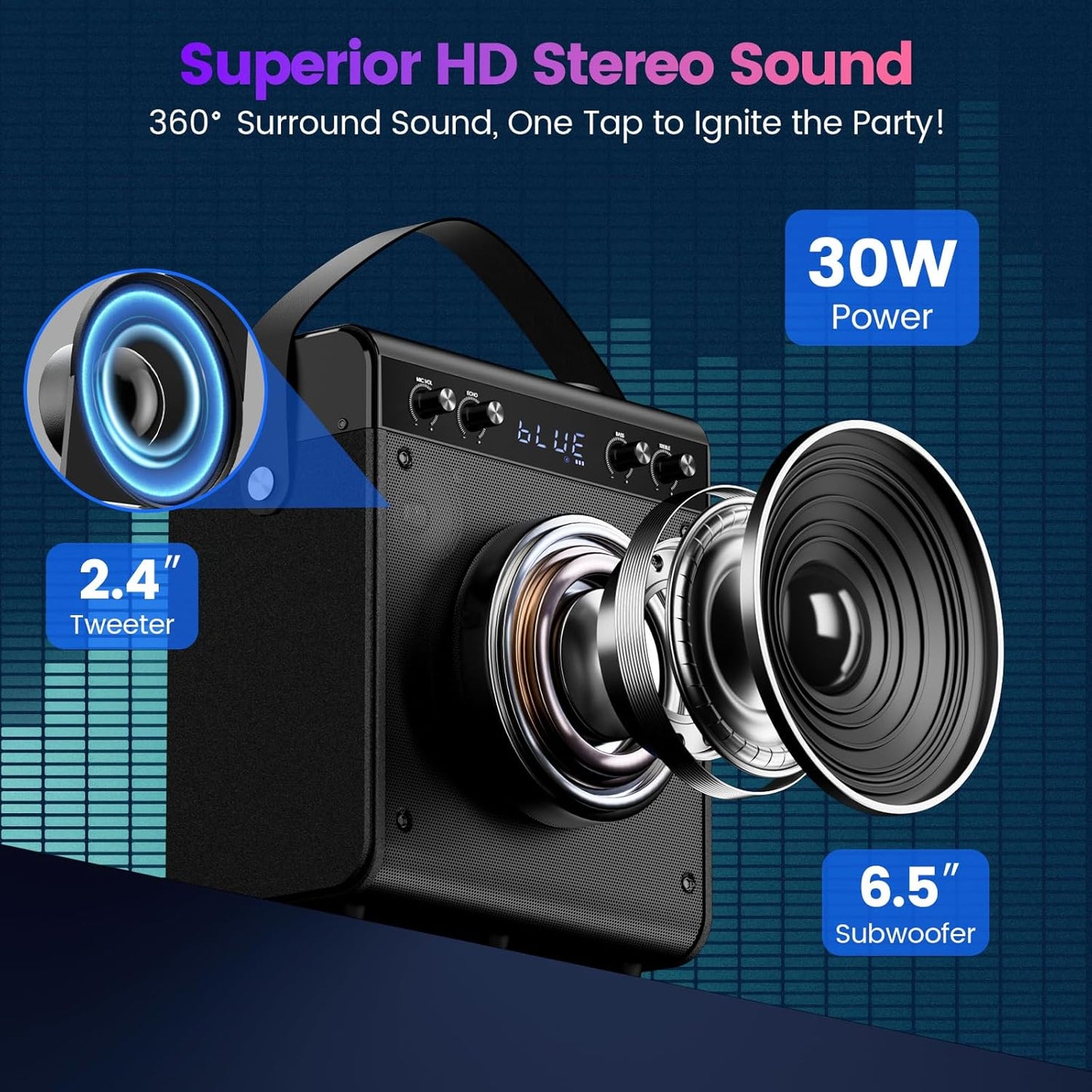 Karaoke Machine, Portable Bluetooth Speaker with 2 Wireless Microphones for Adults & Kids - PA System, LED Lights, Bass/Treble Control, AUX/USB/TF/FM for Home Party Outdoor Singing