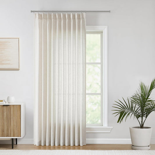 Vision Home Natural Pinch Pleated Semi Sheer Curtains Textured Linen Blended Light Filtering Window Curtains 108 inch for Living Room Bedroom Patio Pinch Pleat Drapes with Hooks 1 Panel 60" Wx108 L
