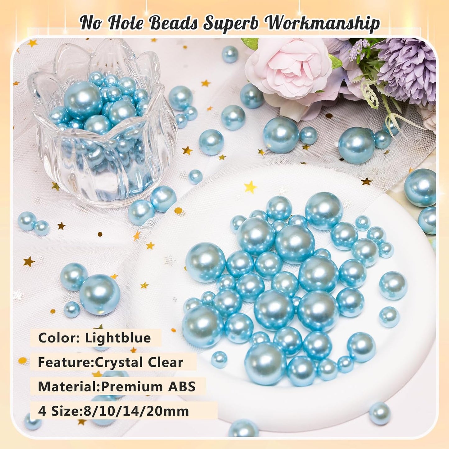300Pcs Pearl Vase Filler, Lightblue No Hole Faux Pearl Beads for Centerpieces Vases, Candle Centerpieces, Wedding Birthday Party Home Decor 8/10/14/20mm