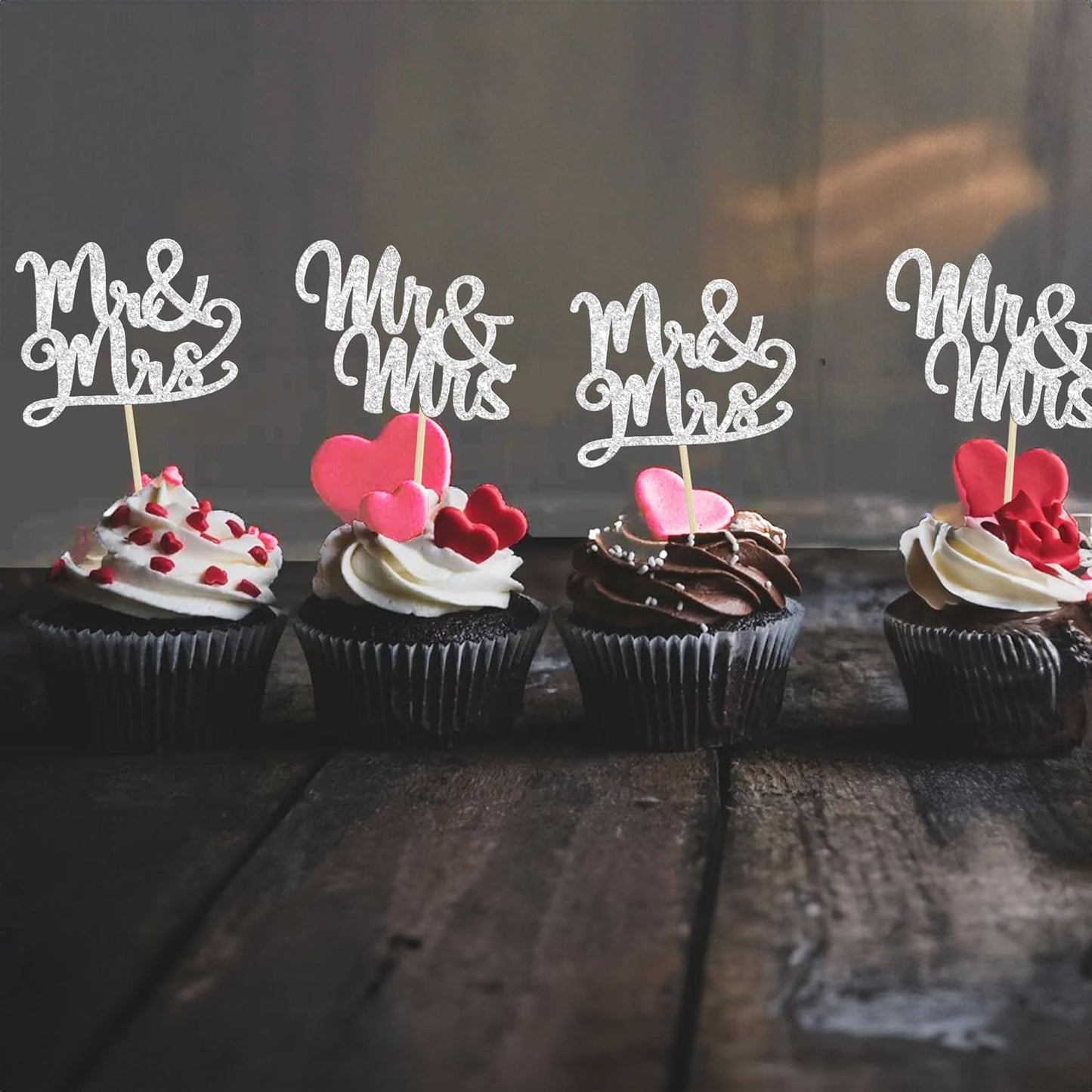 Gyufise 36Pcs Silver Glitter Mr & Mrs Cupcake Toppers Love Cake Decoration Picks for Wedding & Bridal Shower Party Supplies