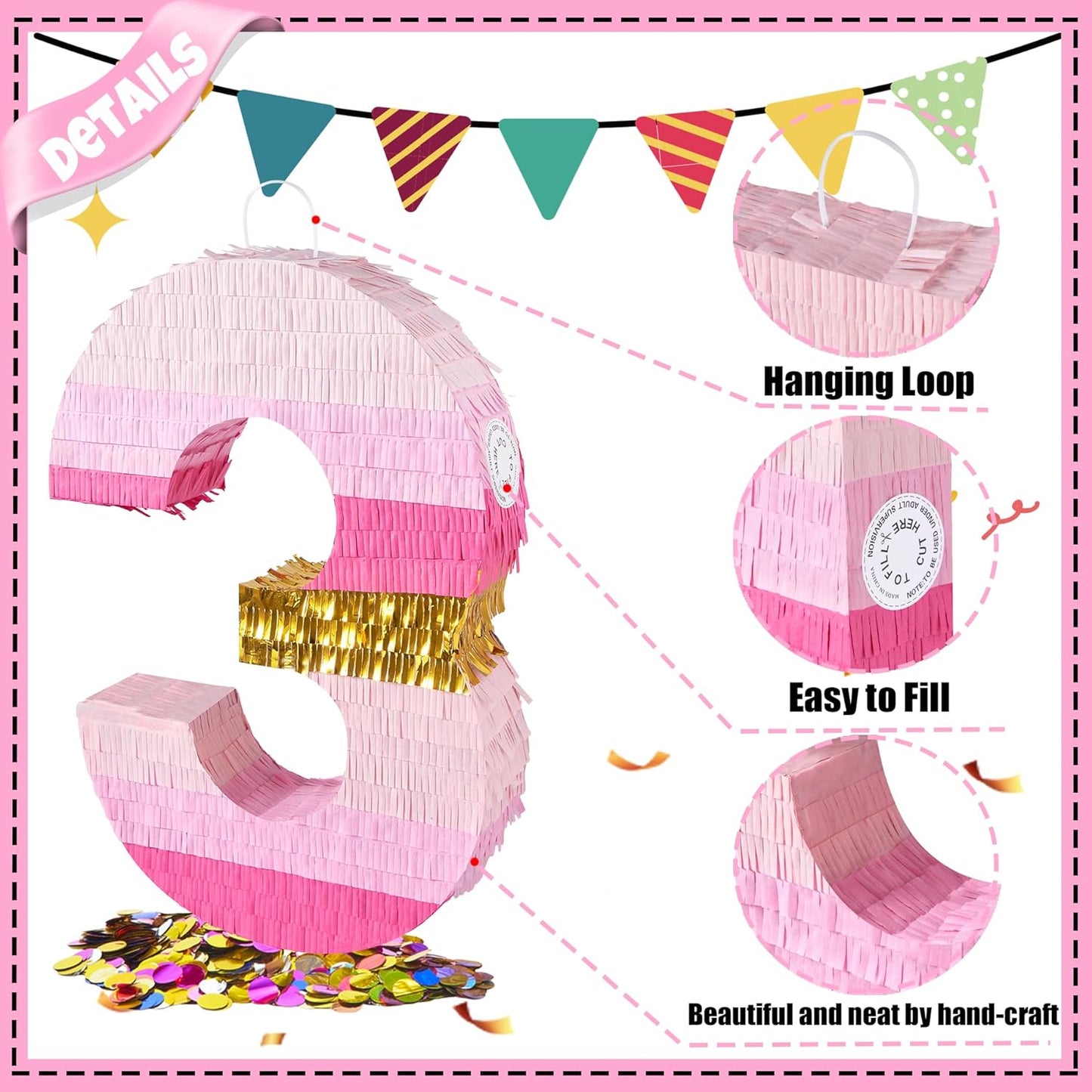 PCFING 20 Inch Number 3 Piñata Pink Gold with 30 Inch Piñata Stick Blindfold Confetti for Boys Girls Adults Birthday Party Decorations, Anniversary Celebration, Fiesta
