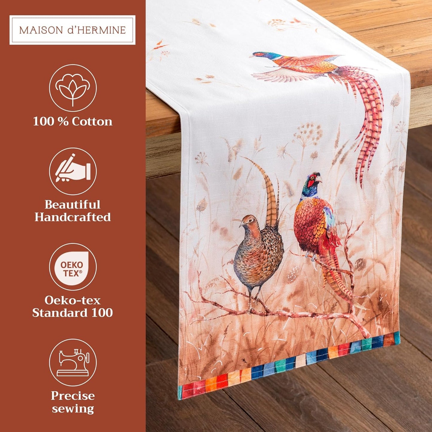 Maison d' Hermine Table Runner 100% Cotton Double Layer Table Runners 108 inches Long for Thanksgiving Christmas Decorations Home Kitchen Dining Party Wedding (Faisan D'Automne, 14.5" x 108")