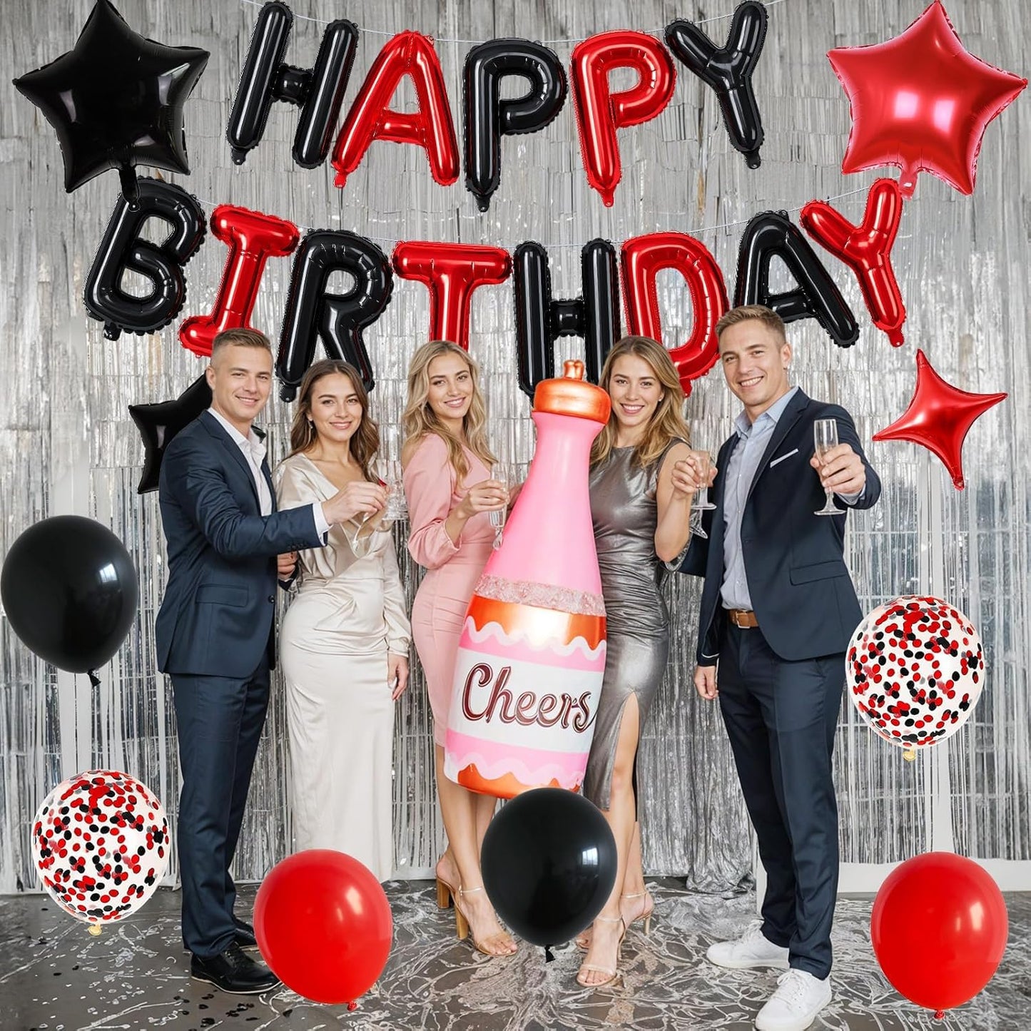 Happy Birthday Balloon Banner Red and Black, 16 Inch Mylar Foil Letter Balloons, Reusable Birthday Decorations with Black Red Balloons, Inflatable Party Supplies for Men Women Boys Girls Decoration