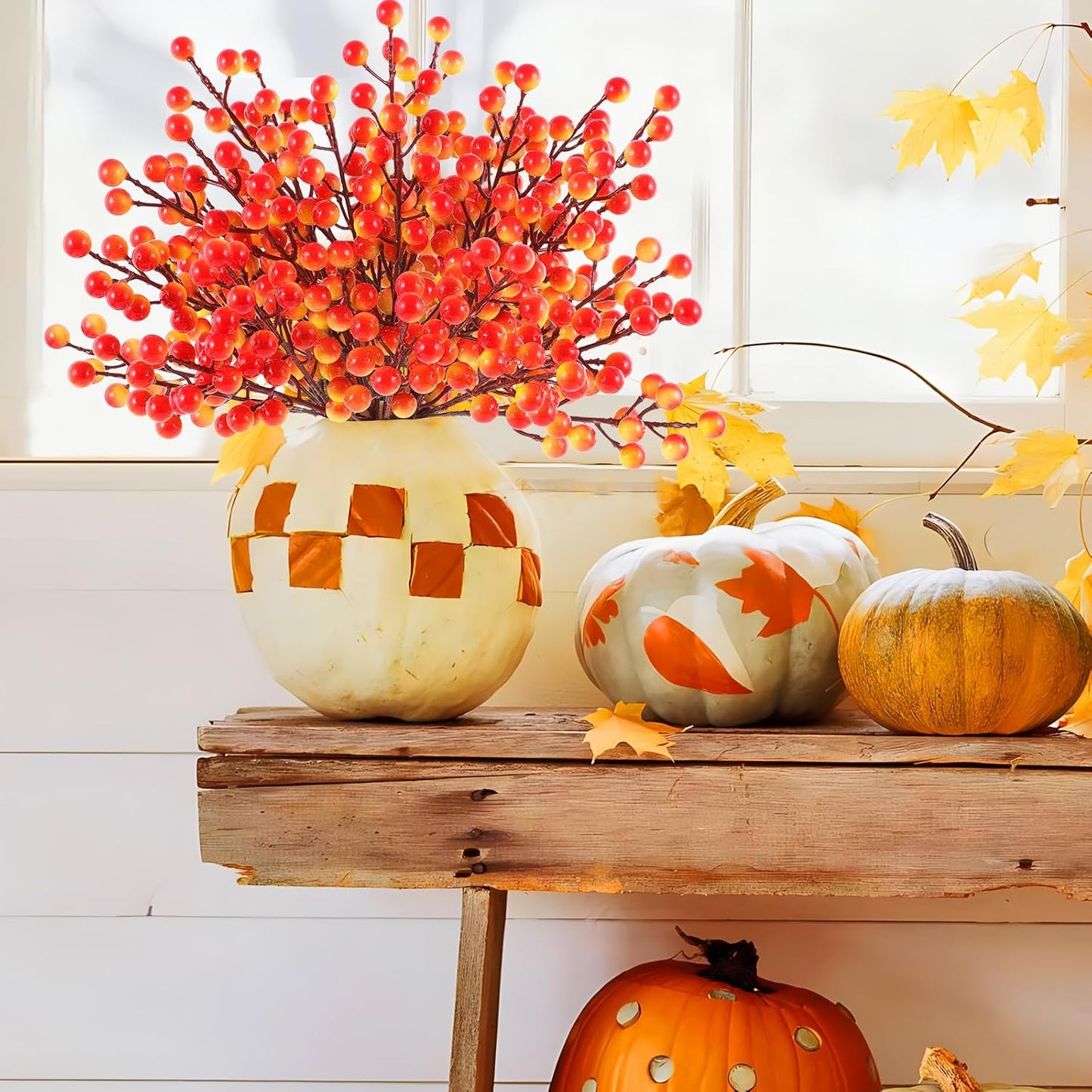 40 Pcs Artificial Berry Stems Branches, Fall Halloween Faux Holly Berries Picks and Sprays Ornaments for Thanksgiving Wreath DIY Craft Decorations Holiday Home Decor (40, Orange)