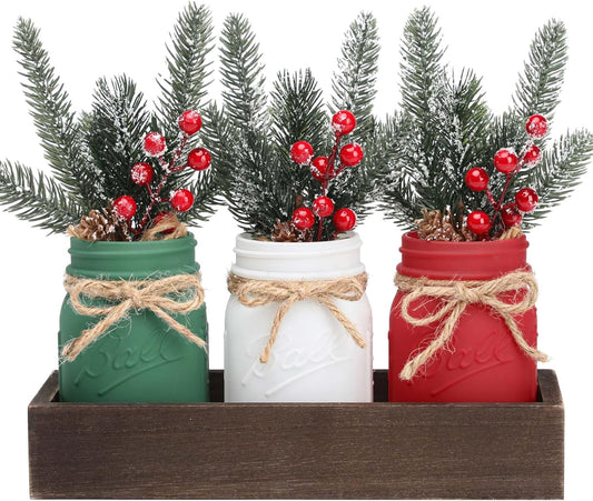 Winter Mason Jars, Winter Centerpieces for Tables, Wood Tray & 3 Painted Decorative Jars, Christmas Table Centerpieces Decoration, Farmhouse Dining Table Kitchen Decorations Home Decor