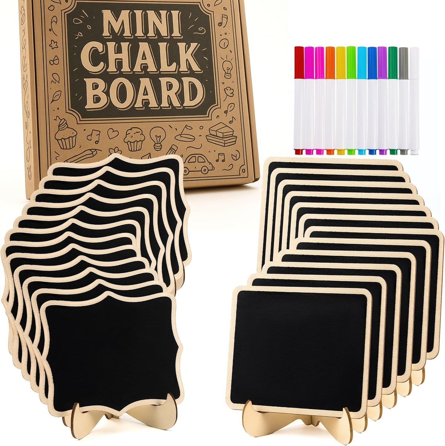 Mini Chalkboard Signs, 60 Pack Food Labels for Party Buffet or Wedding Celebrations with 120 Easel Stands and 12 Liquid Chalk Pens - Perfect Place Cards for Table Settings & Numbers
