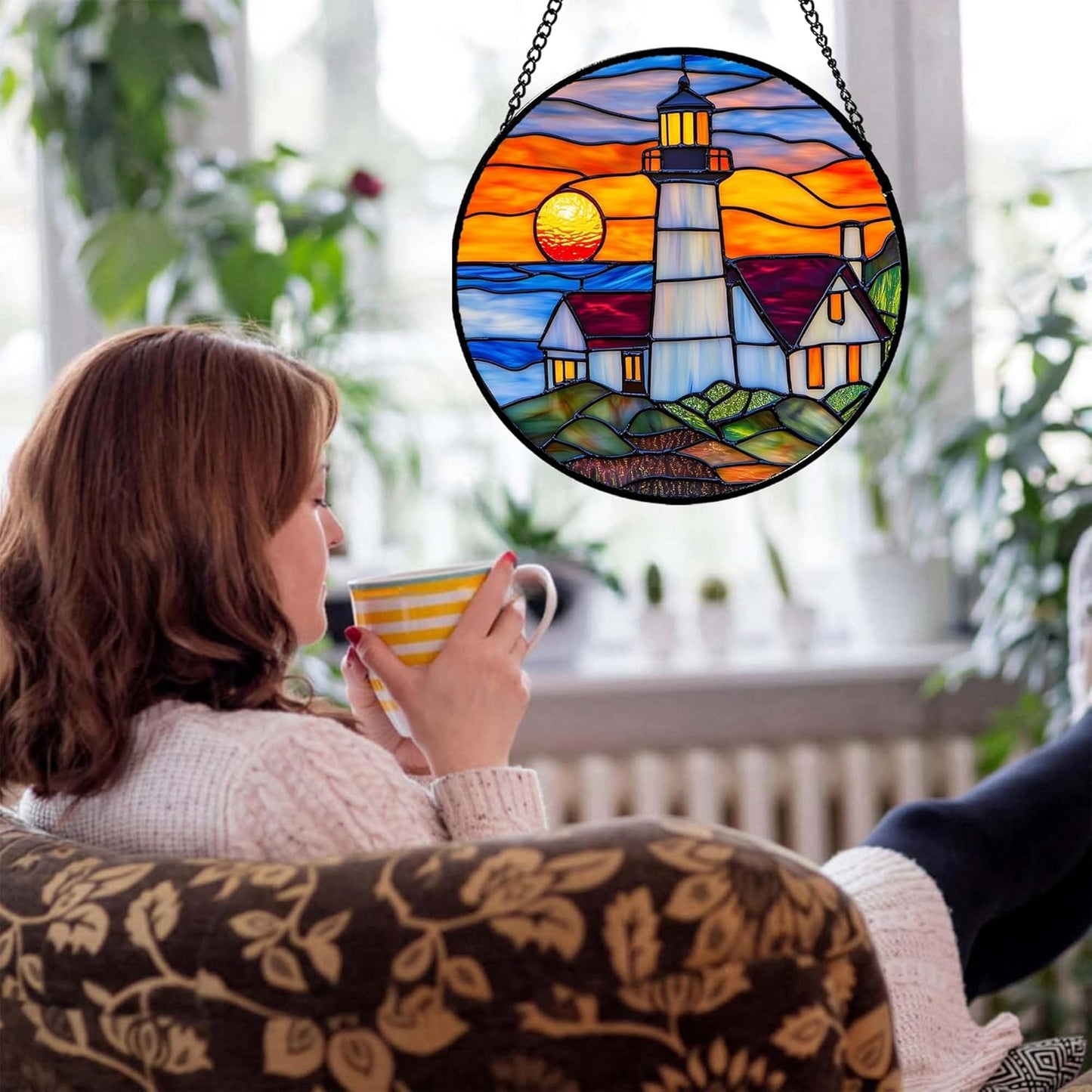 Stained Glass Window Hanging - Sea Lighthouse Suncatcher for Door Terrace Garden Home Decor Sunset Beach Scenery Sun Catcher Birthday Gifts for Lovers Women Men Dad Mom Nana 7.8 in