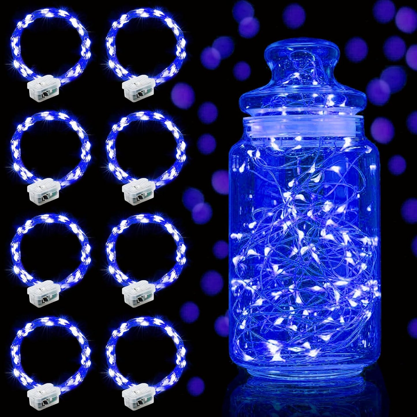 Aogist Led Fairy Lights 3 Modes Battery Operated String Lights Waterproof Silver Wire 7 Feet Firefly Starry Moon Mason Jar Lights for DIY Wedding Party Christmas (Blue, 8 Pack)