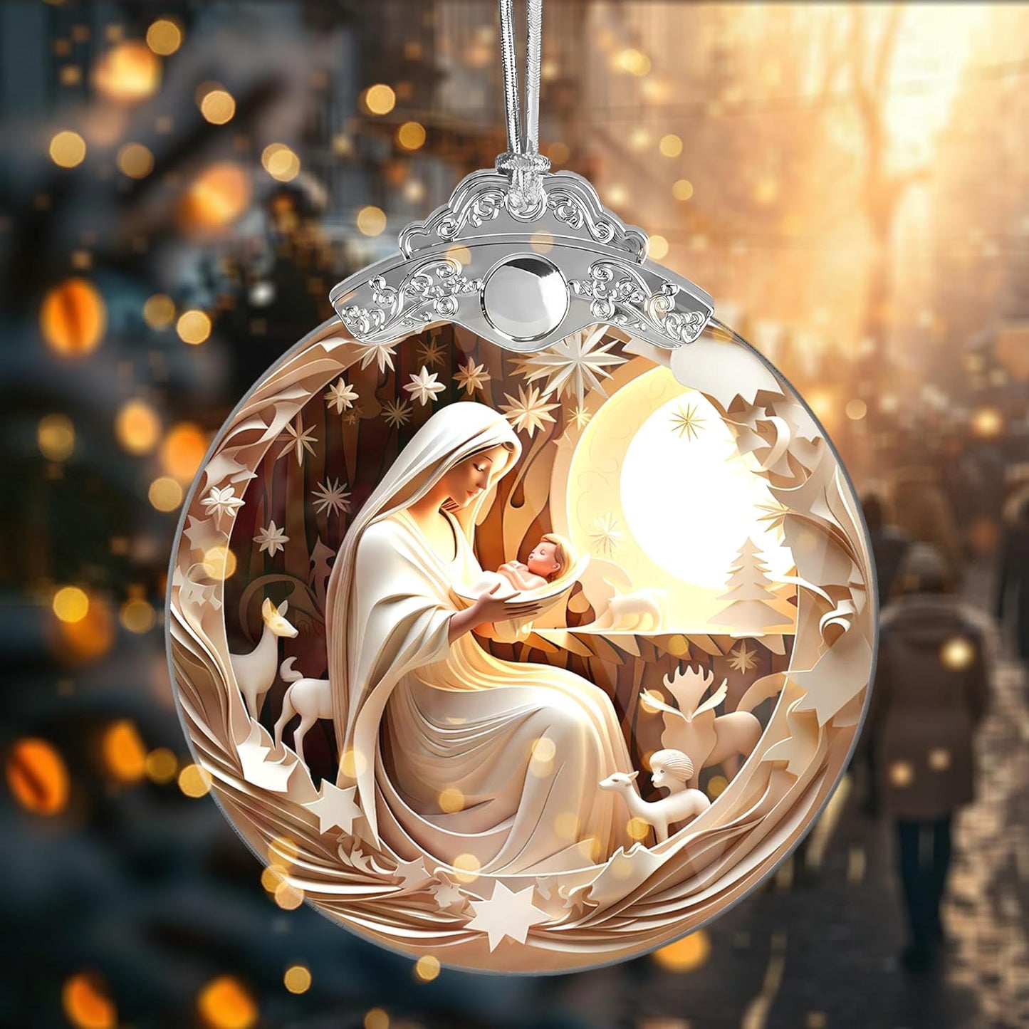 Christmas Ornament, White Nativity Design, Religious Christmas Ornament, Hanging Ornament, Acrylic, 2023, 4 INCH, for Holiday Party