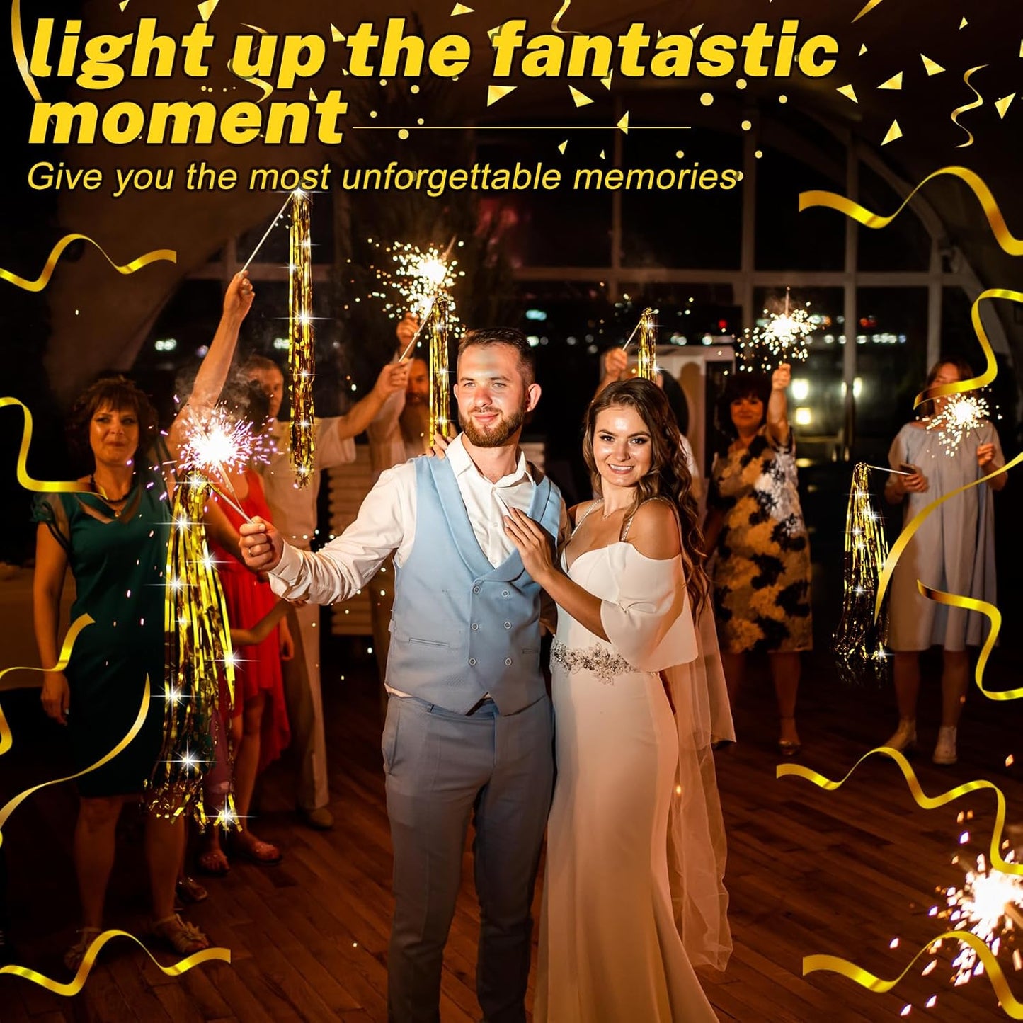 50 Pcs Wedding Fairy Wands with Bells Foil Tinsel Ribbon Stick Wands Tinsel Party Streamers with Bell Glittery Bridal Wedding Send Off Ideas Holiday Celebration (Gold)