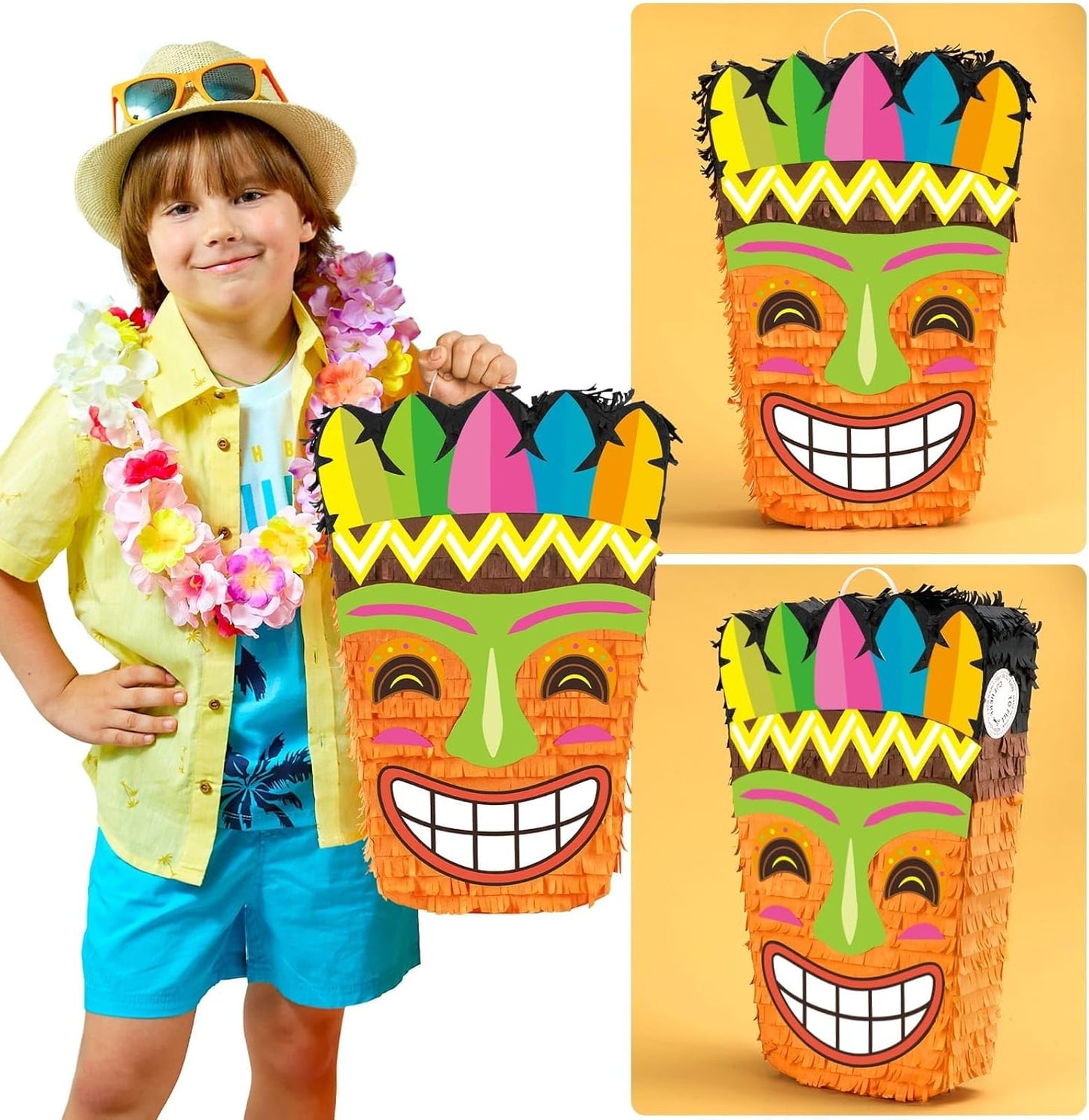 WERNNSAI Tiki Piñata -Tropical Hawaii Piñata with Blindfold and Bat for Girls Boys Kids Piñata Hawaiian Luau Themed Party Decorations for Summer Birthday Party Supplies Carnivals Festivals Celebration