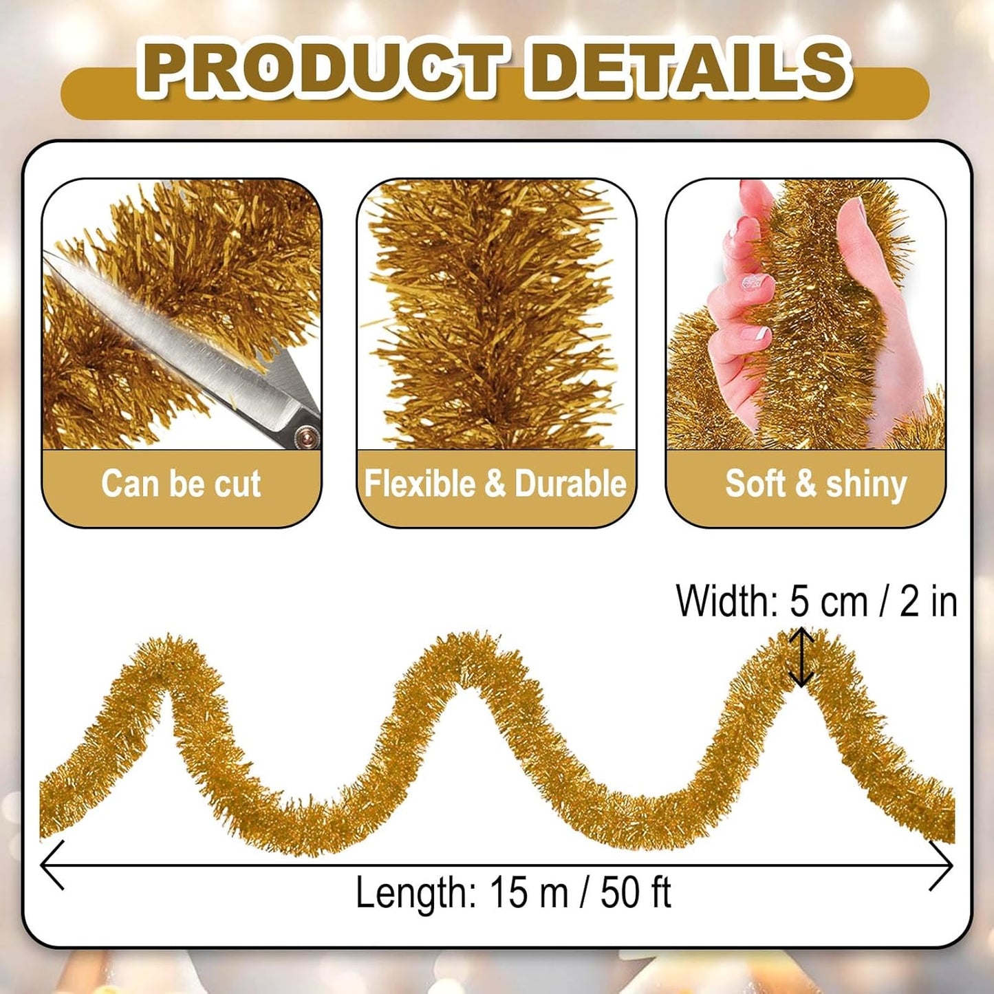 50 Feet Christmas Foil Fringe Banner Metallic Tassle Garland Metallic Backdrop Parade Floats Shiny Hanging Ceiling, Valentine's, Wedding, New Year Party Decorations(2" x 50', Champagne Gold)