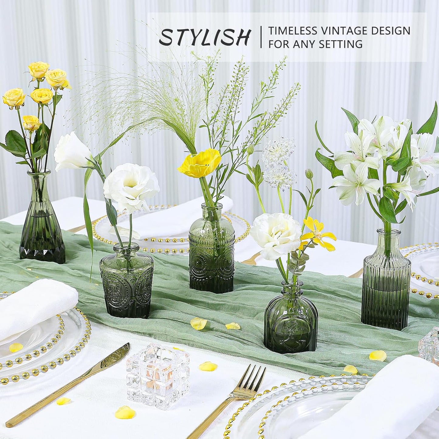 Glass Bud Vase Set of 5, Green Small Flower Vases for Centerpieces in Bulk, Mini Vintage Vase for Rustic Wedding, Home,Table Decoration