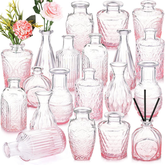 Inbagi Glass Vase, 20 Pcs Set of Small Vintage Flower Vases in Gradient Pink, Decorative Centerpieces for Home, Wedding Table, Christmas Decoration