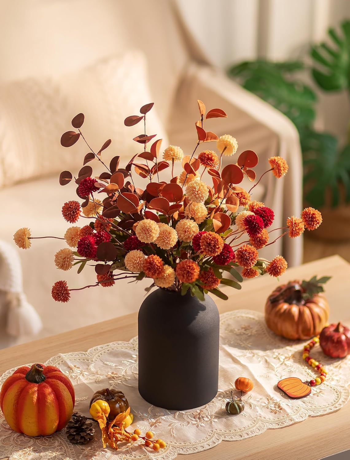 BLOSMON Fall Flowers in Vase for Centerpieces: Metal Vase with 12 Stems of Fake Mums Kiku Flowers Eucalyptuses Home Thanksgiving Table Decoration - Burnt Orange Artificial Pom Poms Floral Arrangement