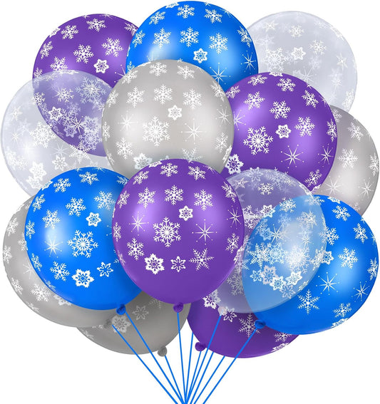 Skylety 40 Pieces Snowflake Balloons Bulk Winter Transparent Snowflake Latex Balloons for Christmas Birthday Wedding Party Decorations(Blue, Purple, Silver, Clear)
