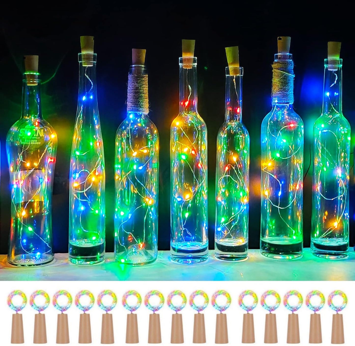 Wine Bottle Lights with Cork 15Pack 10 LED 40 Inches Battery Operated Silver Wire Liquor Fairy Mini String Lights for Party Christmas Halloween Wedding Decoration