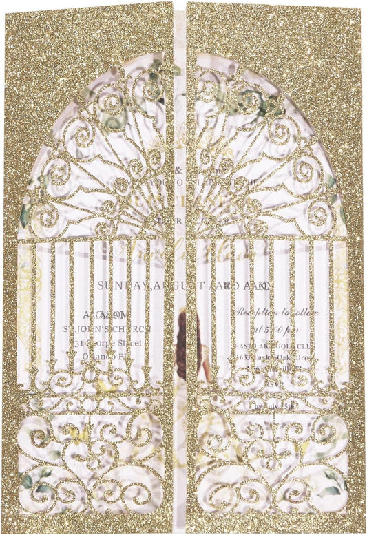 25Pcs Light Gold Glitter Laser Cut Wedding Invitation Kits with Envelopes and RSVP Cards Personalized Invitations for Sweet 16 Baby Bridal Shower Engagement Quinceanera Invite