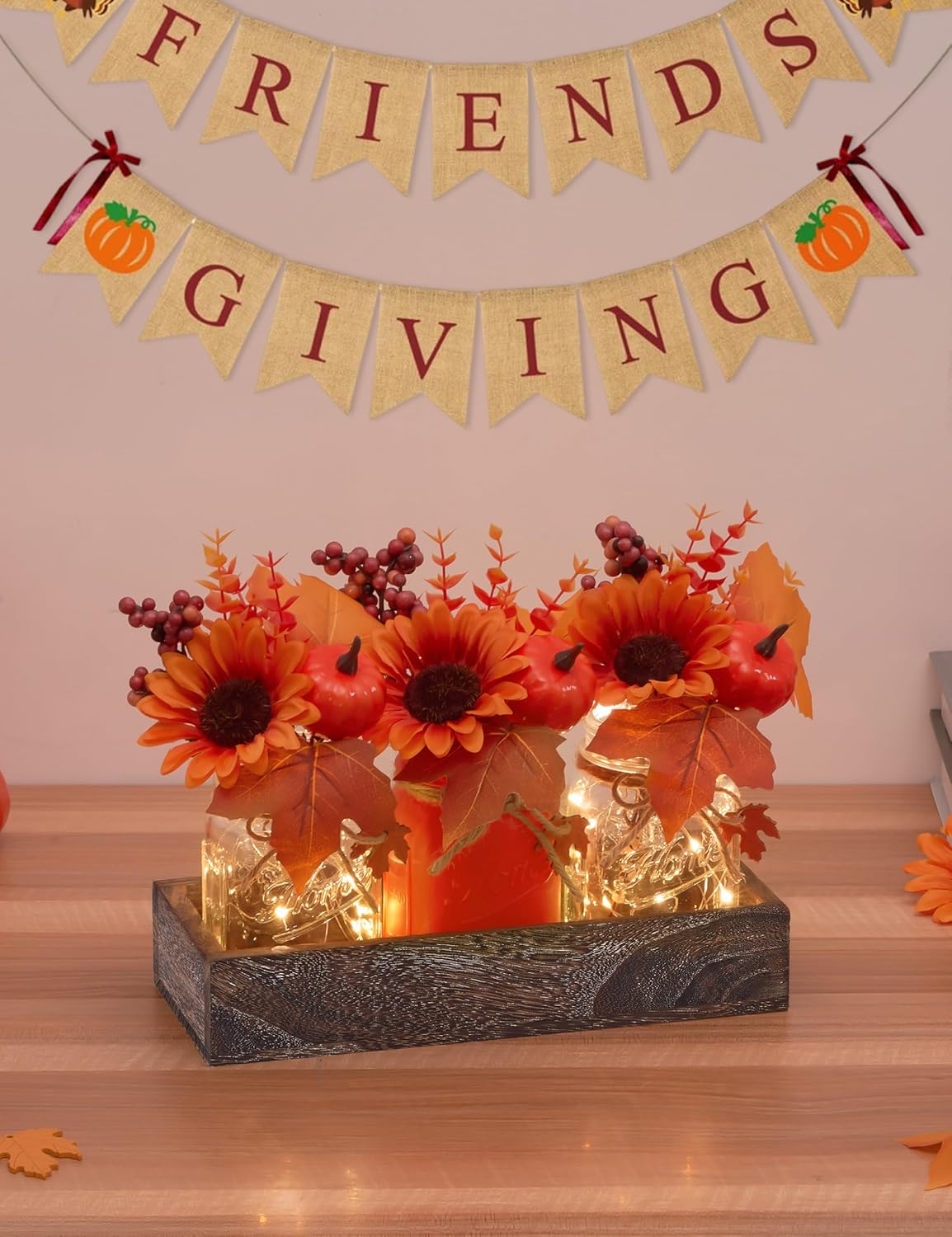 Fall Thanksgiving Table Decor, Centerpieces for Tables with Mason Jars, Fake Flowers, Wood Tray, 25 Pcs Pumpkin Fall Thanksgiving Centerpieces Table Decorations for Home Indoor, Autumn Decor