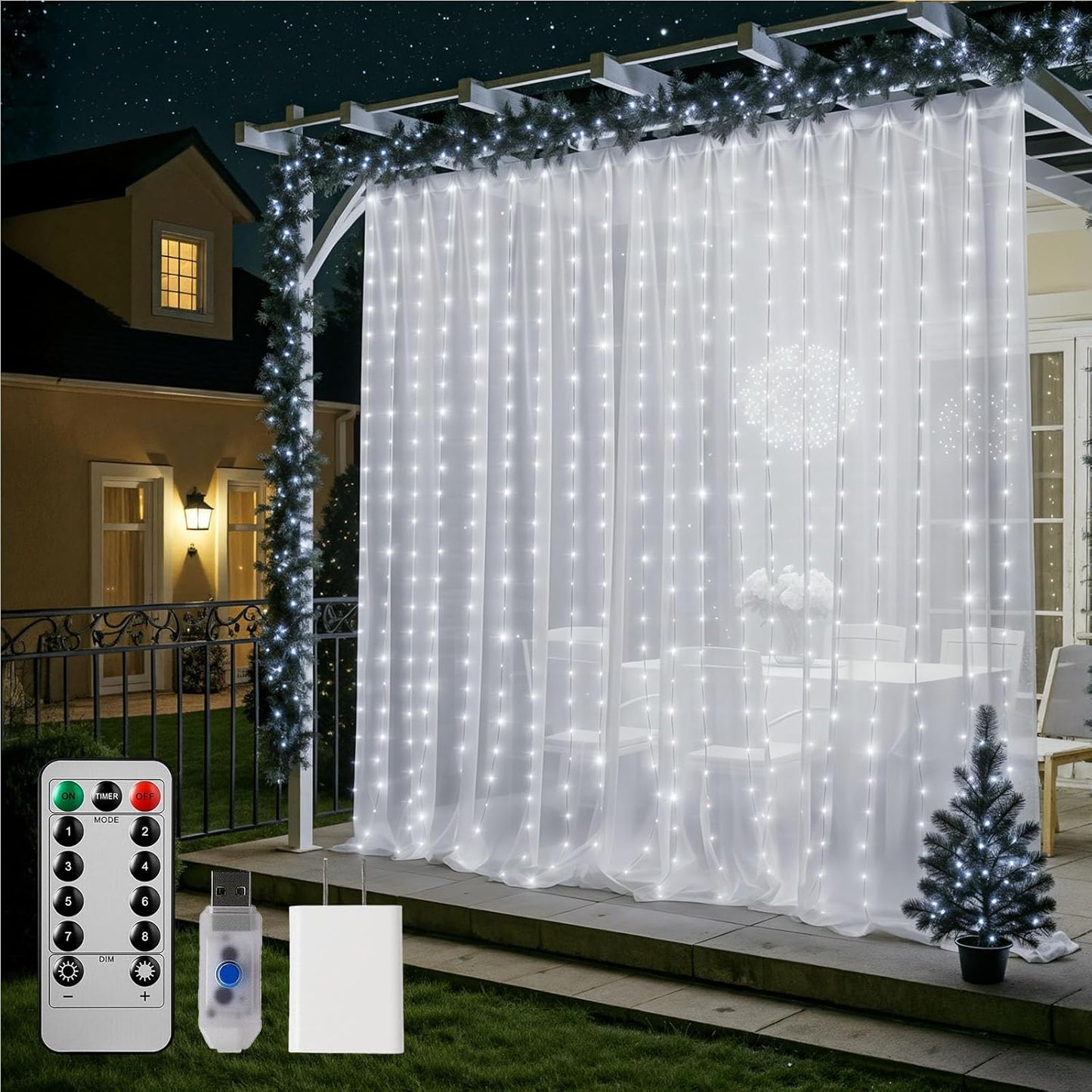 Brightown Curtain String Lights, Hanging Fairy Lights with Remote, 8 Modes, Waterproof Window Lights for Bedroom Backdrop Wedding Outdoor Christmas Party, White, 300LEDs
