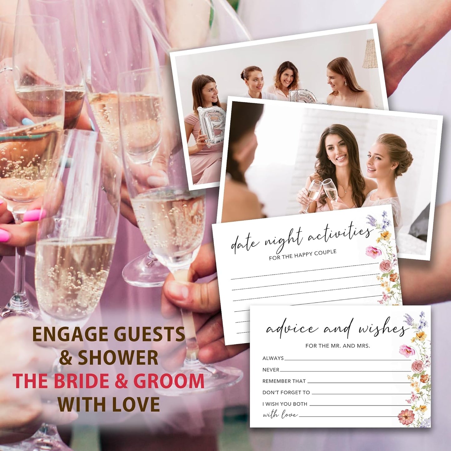 50 Pcs Advice and Wishes for the Mr and Mrs Cards in Box - Bridal Shower Guest Book - Perfect for Newlywed Games, Reception Decor, Engagement Parties & Anniversary Wishes(Wildflower) - B06