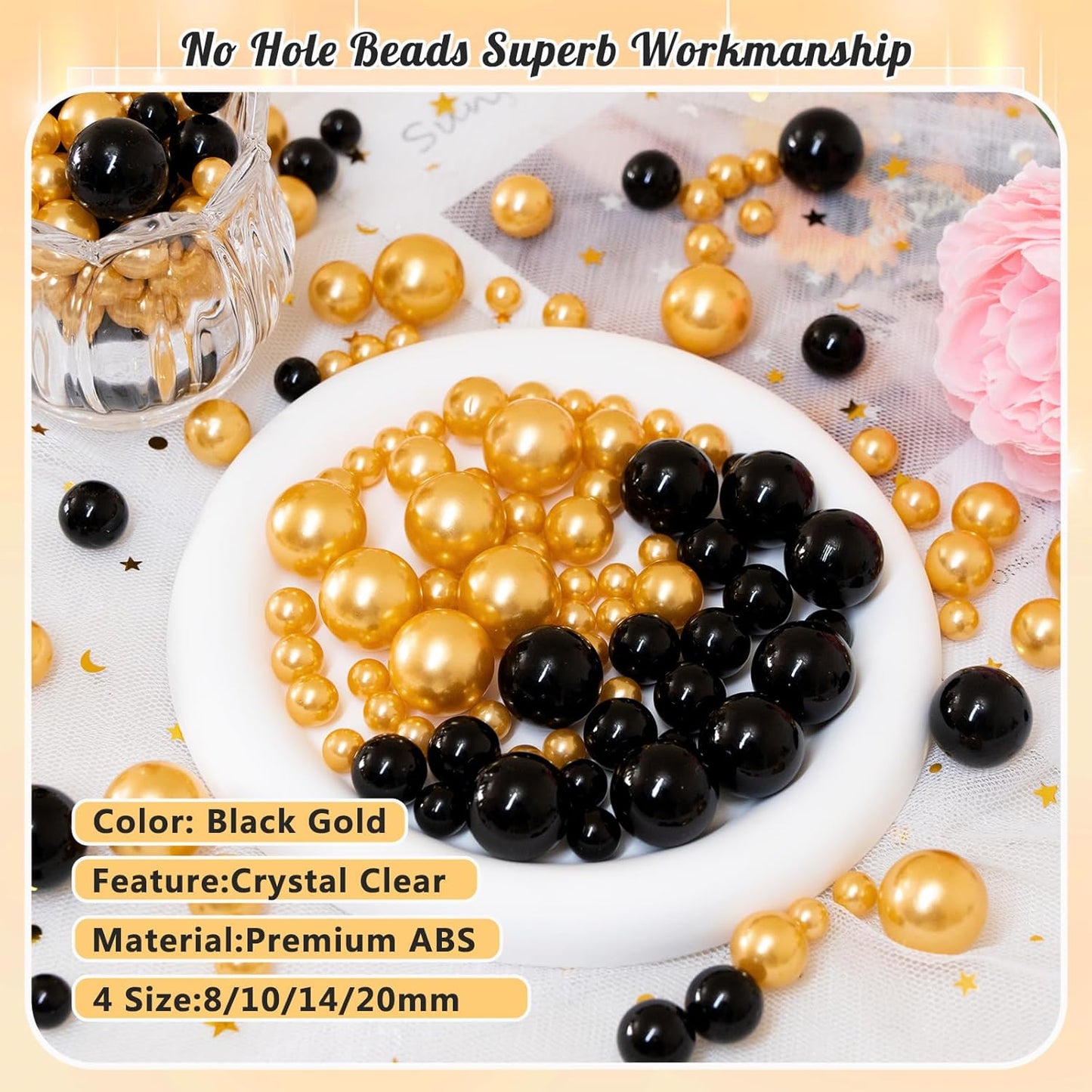 300Pcs Pearl Vase Filler, Black Gold No Hole Faux Pearl Beads for Centerpieces Vases, Candle Centerpieces, Wedding Birthday Party Home Decor 8/10/14/20mm