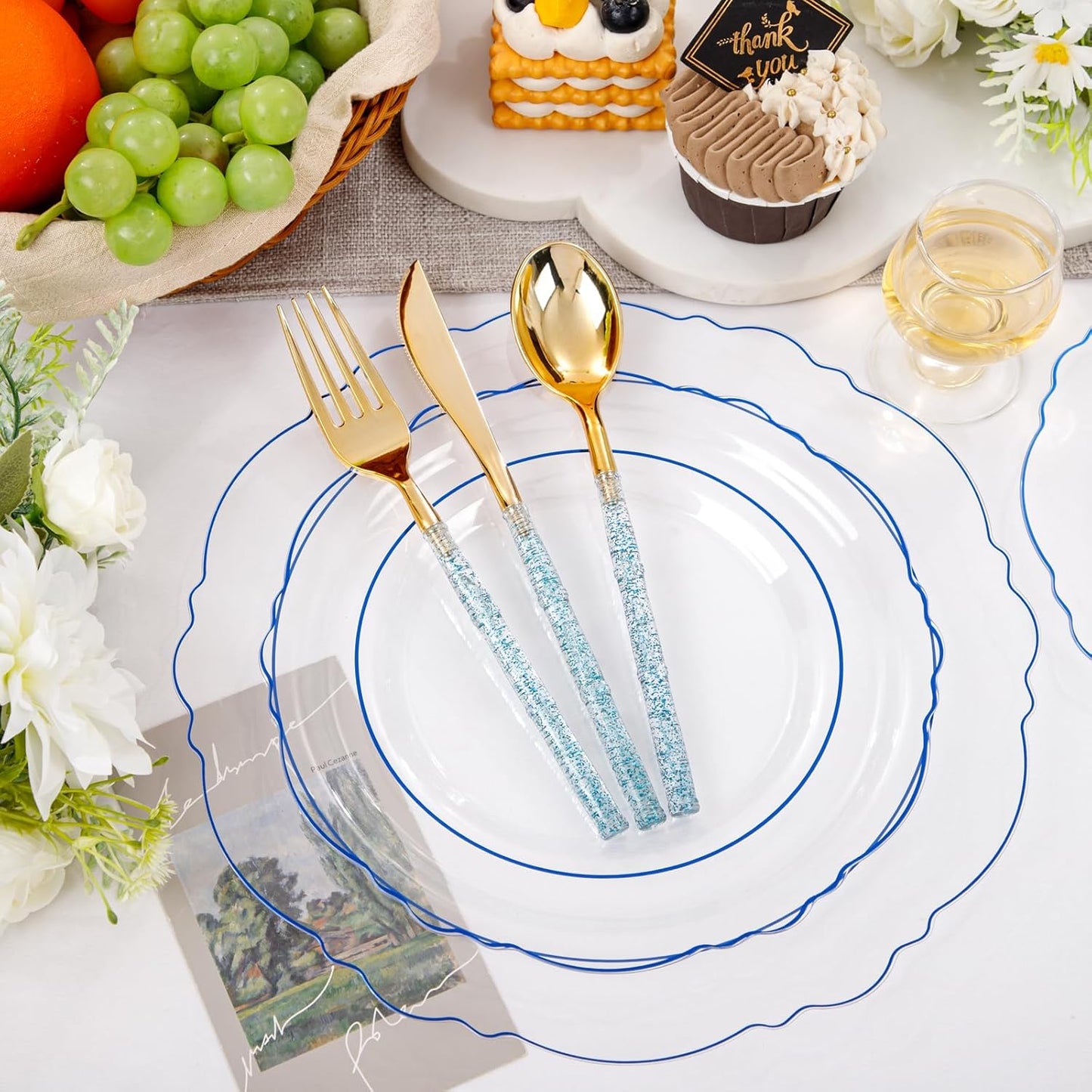 Liacere 150PCS Clear and Blue Plastic Plates-Clear and Blue Disposable Plates with Glitter Bamboo Handle Cutlery-60 Baroque Elegant Plates, 30 Forks, 30 Spoons, 30 Knives for Wedding＆Back to School