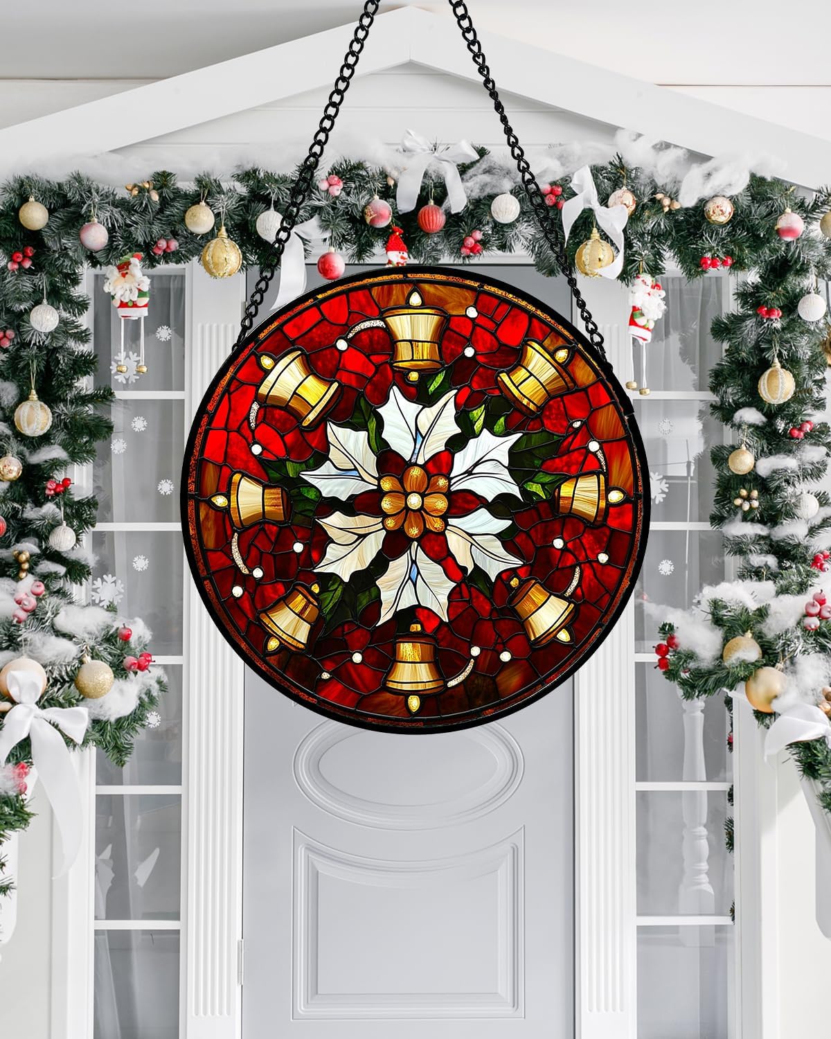 Stained Glass Window Hanging - Golden Bells Flowers Suncatcher for Doors Home Christmas Decoration Winter Sun Catcher Thanksgiving New Year Birthday Gift for Friend Women Men Mom Nana 11.8 in
