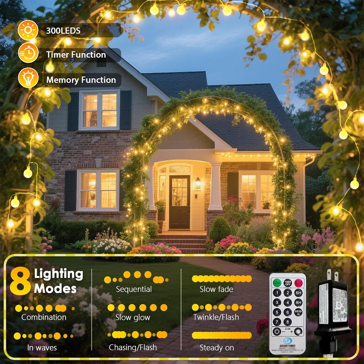 300LED Connectable Globe String Lights Indoor Outdoor for Bedroom, 108ft Warm White Christmas Lights with Remote, Waterproof Fairy Light Plug in 8 Modes for Room Classroom Wedding Christmas Decor