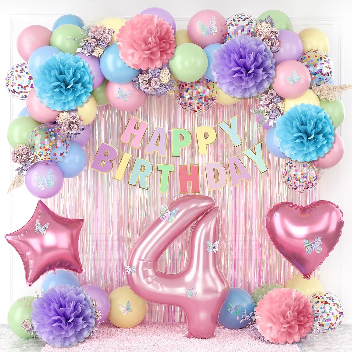 Pastel 4th Birthday Party Decorations for Girls Number 4 Balloon Happy Birthday Banner Butterfly Stickers Fringe Curtain Paper Pom Poms Macaron Pink Star Heart Foil Colorful Balloons 4 Year Old Decor