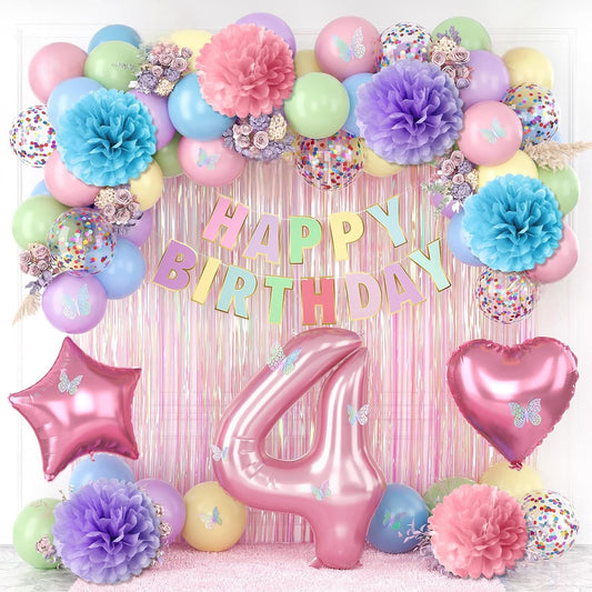 Pastel 4th Birthday Party Decorations for Girls Number 4 Balloon Happy Birthday Banner Butterfly Stickers Fringe Curtain Paper Pom Poms Macaron Pink Star Heart Foil Colorful Balloons 4 Year Old Decor