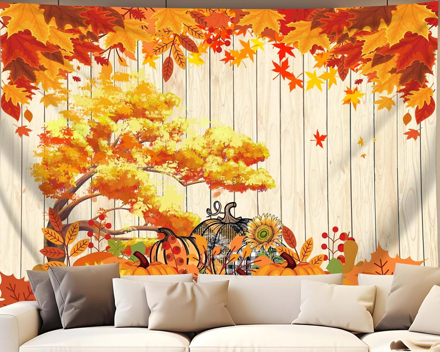 QGHOT Fall Tapestry Wall Hanging Autumn Photo Backdrop Rustic Orange Wood Tapestry Tree Maple Leaf Pumpkin Nature Landscape Country Tapestries for Bedroom Room Thanksgiving Decor (59.1"x51.2")