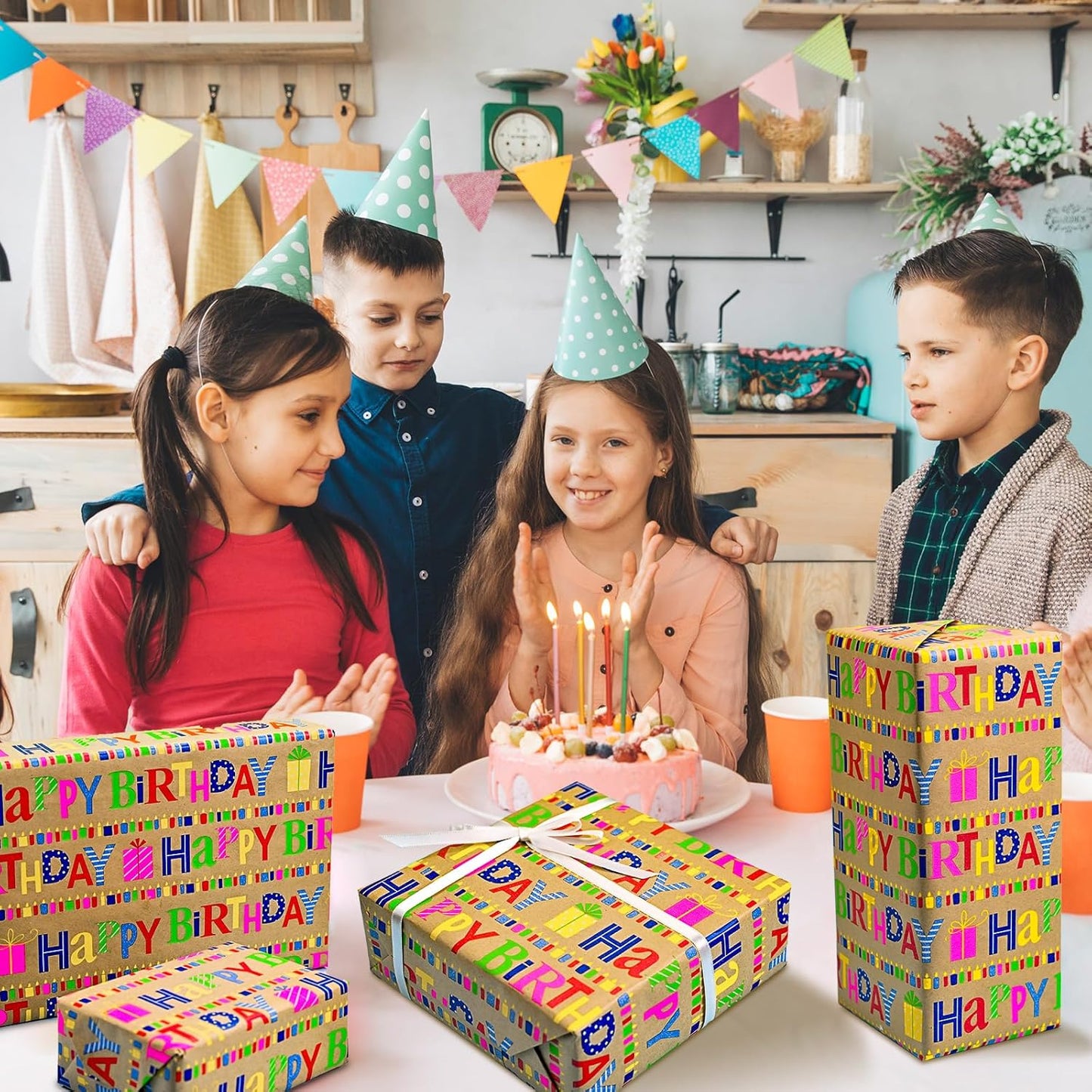 Yarcony Kraft Birthday Wrapping Paper Mini Roll, Gift Wrapping Paper, Heavyweight Brown Colorful Text Happy Birthday Gift Wrap Thick Paper for Present Packaging, Hioliday, All Age (17 Inch X 33 Feet)