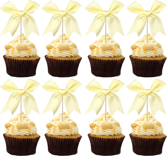 24 PCS Bow Cupcake Toppers Bow Cupcake Picks Bowknot Birthday Party Decorations Bowknot Cake Dessert Picks for Baby Shower Birthday Wedding Bridal Engagement Party Cake Decorations Supplies Yellow