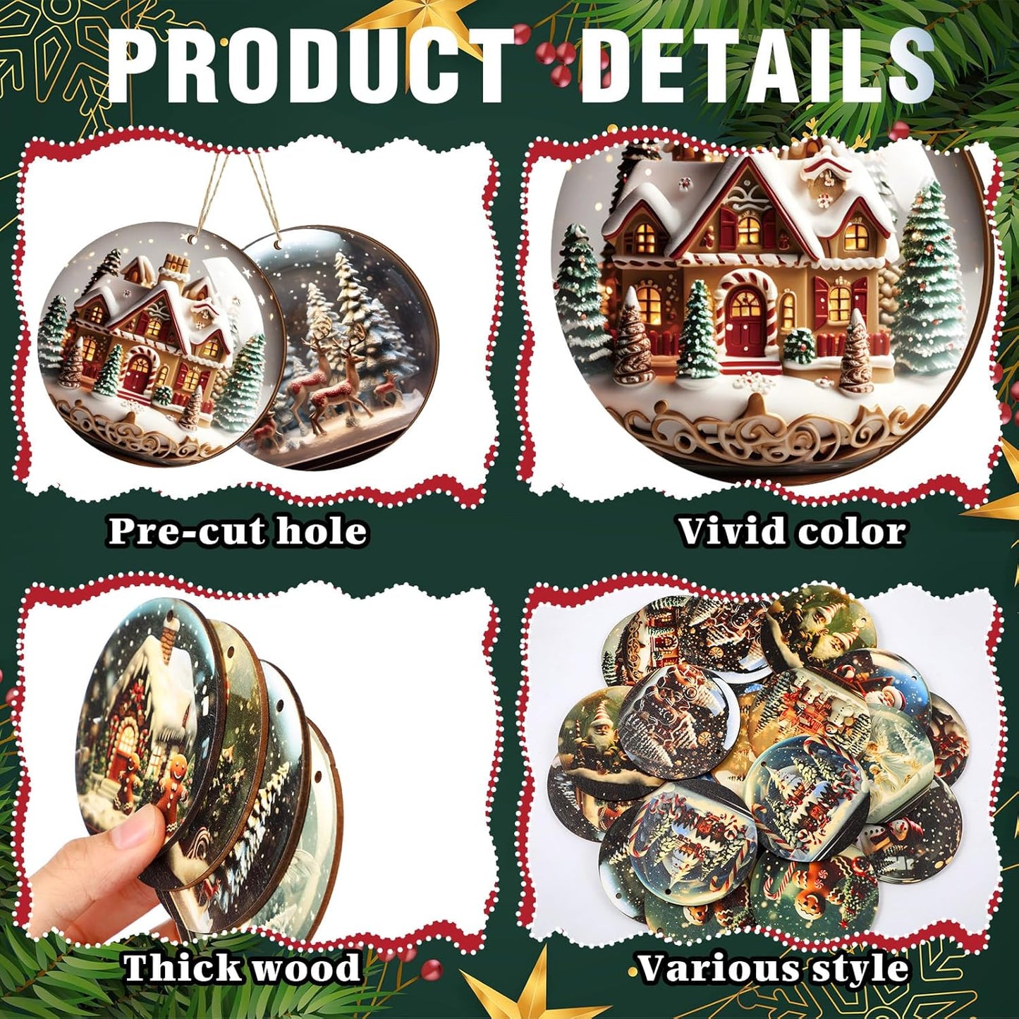 Suzile 36 Pcs Christmas Wooden Ornaments Vintage Round Christmas Tree Decoration Wooden Santa Claus Gingerbread Man Ornaments for Tree Winter Hanging Decoration for Xmas Farmhouse Home Party