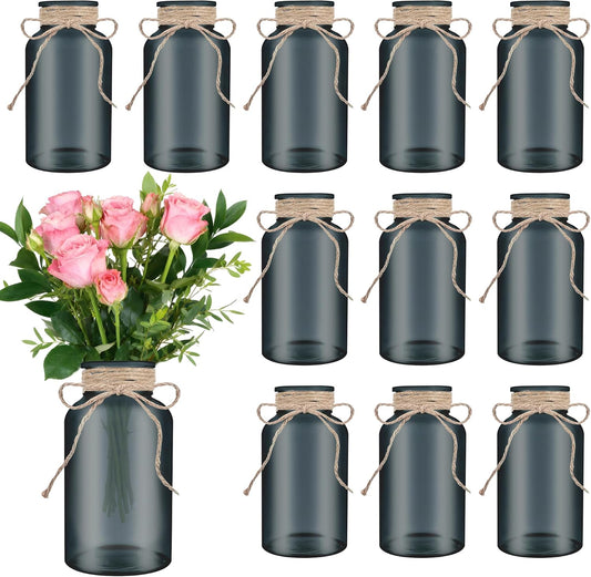 Vintage Glass Flower Vase，12 Pack Farmhouse Black Glass Centerpiece Vases Mason Jars for Halloween Weddings, Parties & Home Decor Bulk (12, Black)