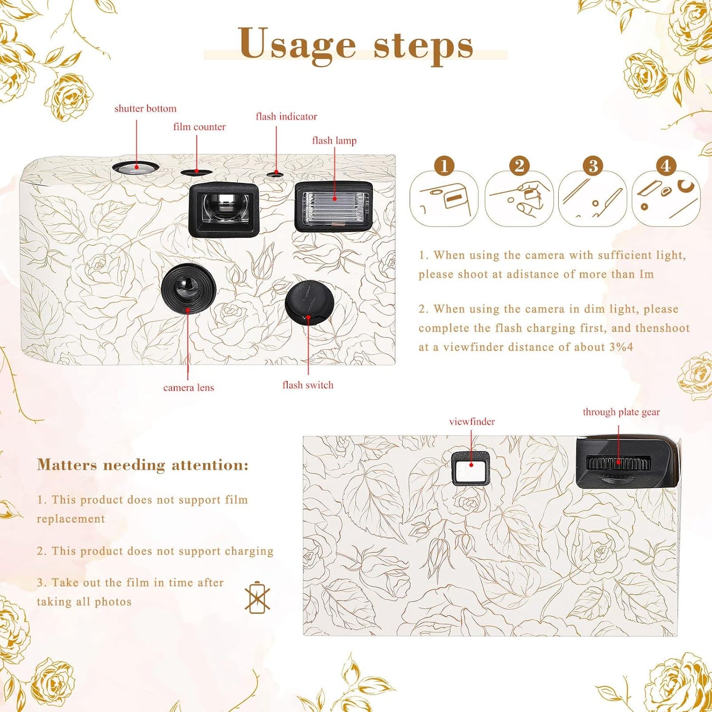 Zhengmy 4 Pack Disposable Camera for Wedding,34mm Single Use Camera with Flash One Time for Gathering Wedding Anniversary Travel Party Supply(Fresh Style, Black White Film)