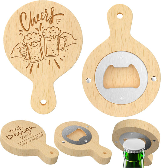 8 Custom Magnetic Bottle Opener Refrigerator, Personalized Engraved Wood Beer Openers, Wooden Round Fridge Magnet for Beer Lover Wedding Guest Bars Parties Men Gift Father's Day (Round With Handle)