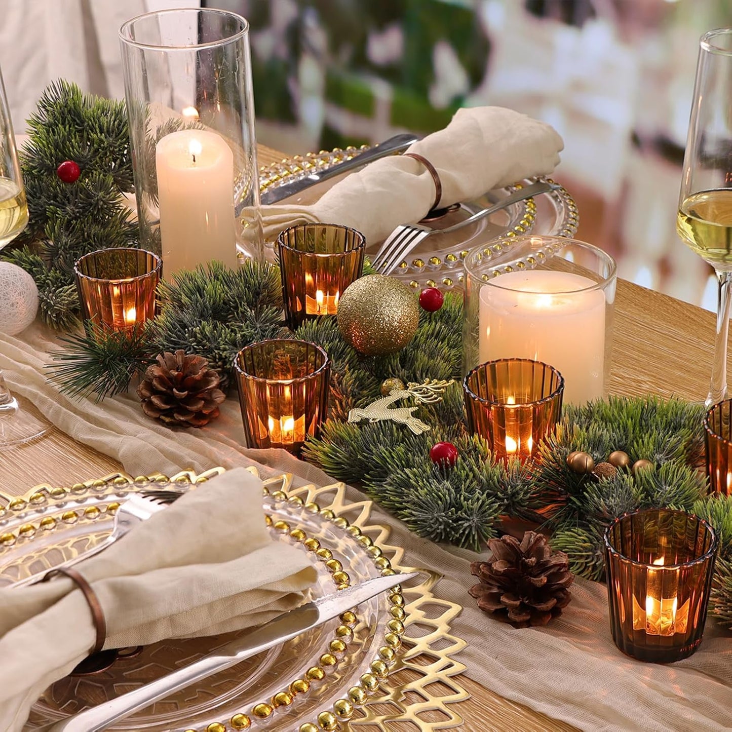 24pcs Vintage Ribbed Amber Votive Candle Holders, Fall Centerpieces for Tables, Tealight Candle Holder for Thanksgiving, Wedding Decor, Boho Home Decor and Christmas Decor