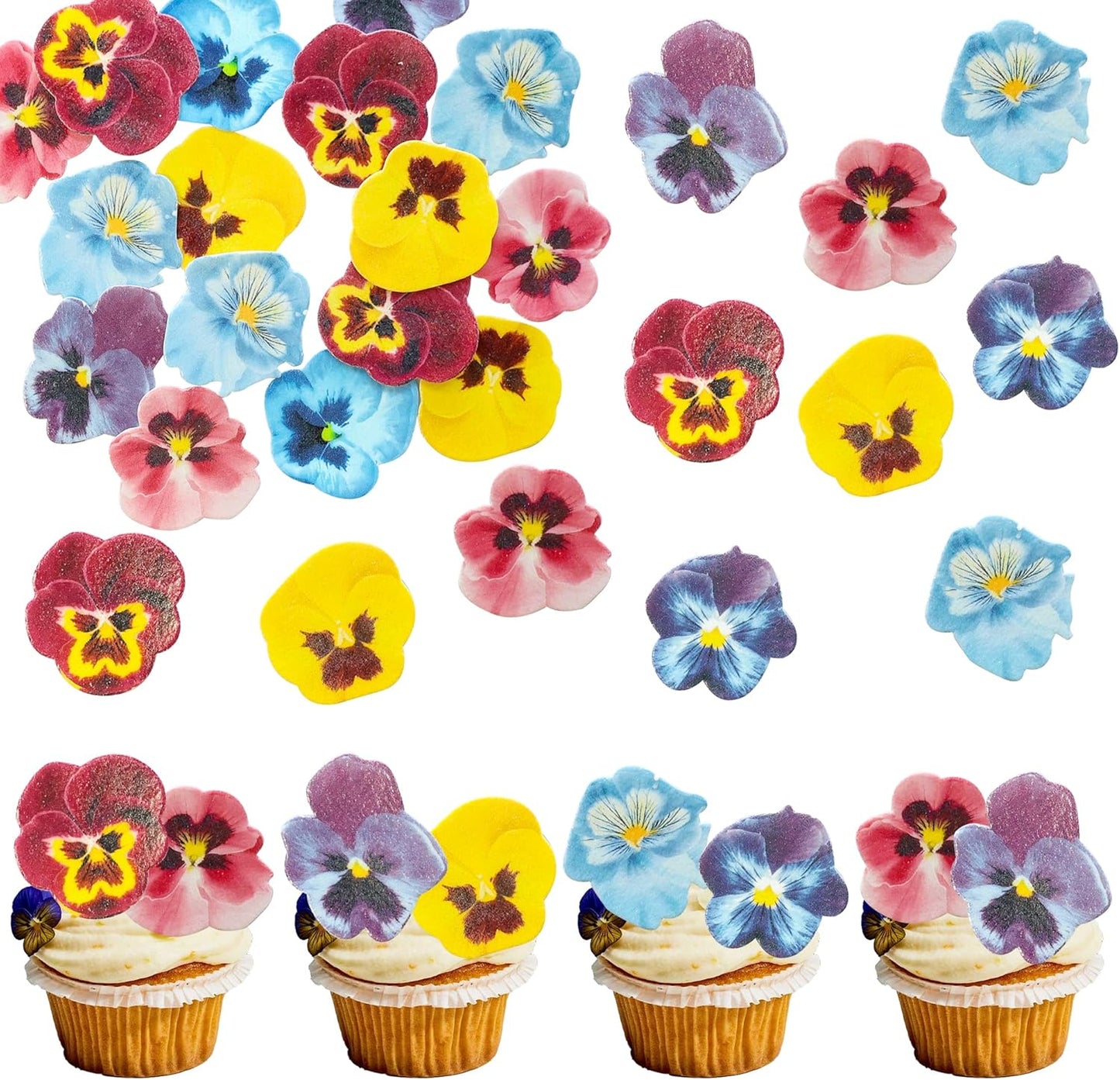 Ephlyn 60Pcs Wafer Paper Flower Cupcake Toppers Spring Bridal Engagement Baby Shower Birthday Party Cupcake Picks Anniversary Party Decorations Supplies