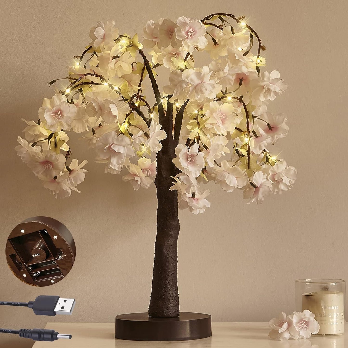 LITBLOOM Lighted Cherry Blossom Tree Pink 18IN 40 LED with Timer Artificial Tabletop Bonsai Tree Lights USB Plug or Battery Operated for Wedding Party Home Birthday Decoration