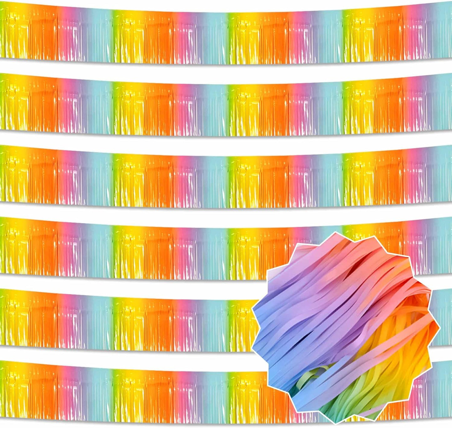6 Pack 10 Ft Light Rainbow Foil Fringe Garland Metallic Streamers Tinsel Banner Wall Hanging Garland Backdrop for Parade Floats, Halloween, Christmas, Thanksgiving, New Year Party Decorations