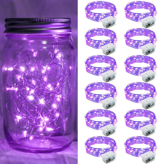 12 Pack Purple Fairy Lights 7Ft 20 LED Twinkle String Lights 3 Modes Battery Operated Waterproof Firefly Starry for Mason Jar Party Wedding Christmas Valentines Day Table Centerpieces