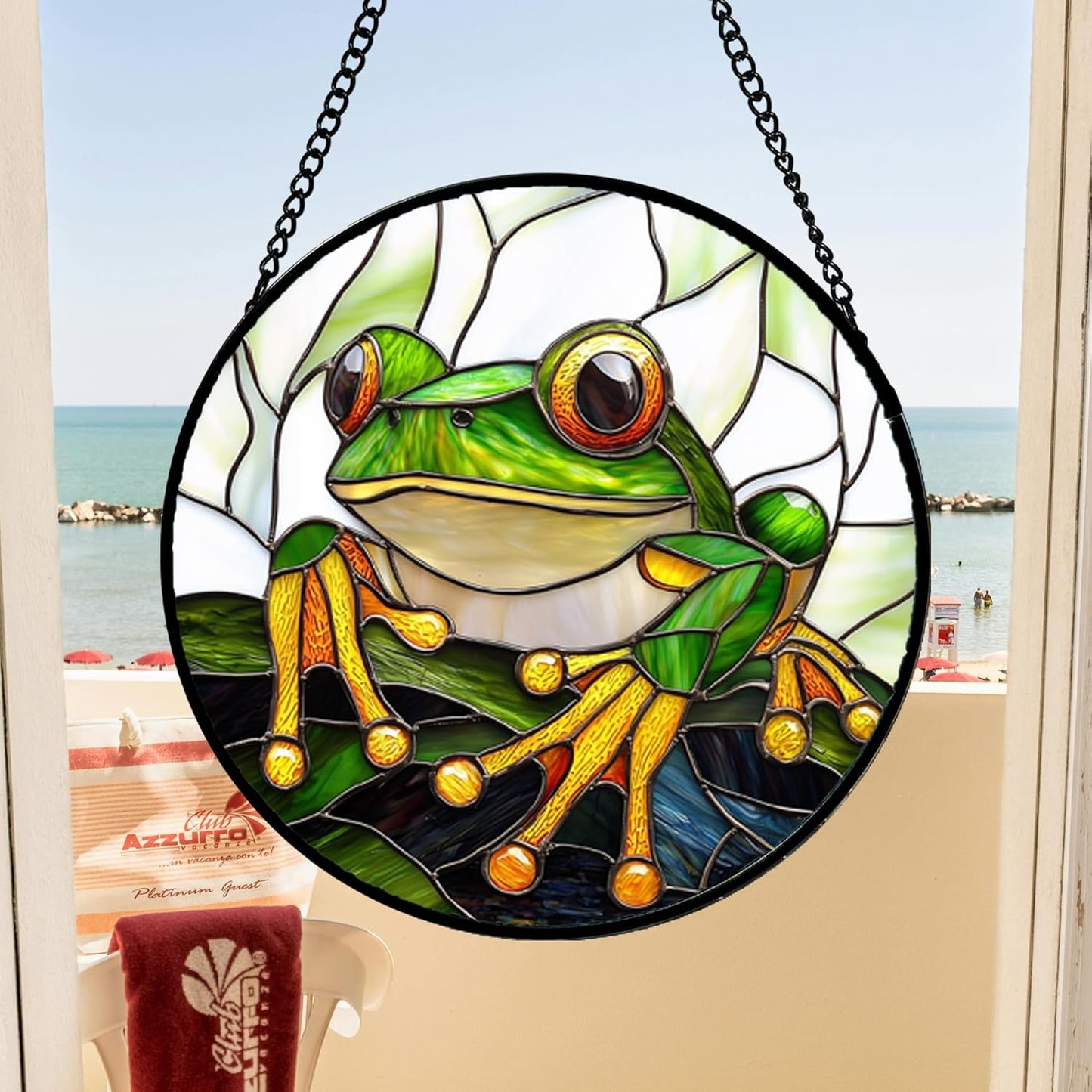 Stained Glass Window Hanging, Green Frog White Petals Sun Catchers Colorful Glass Panel Cute Suncatcher Decor for Birthday for Women, Men, Wife, Aunt, and Mom 14.9x14.9 in