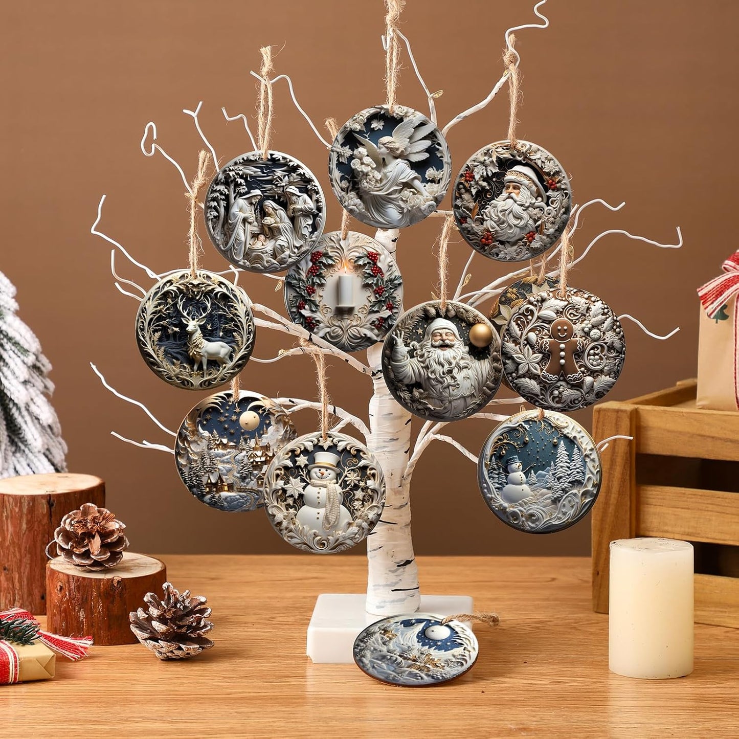 Suzile 36 Pcs Christmas Wooden Ornaments Vintage Christmas Decoration White Sculpture Hanging Decor Retro Round Santa Claus Snowman Tree Decoration for Farmhouse Xmas Home Wreaths Winter Party