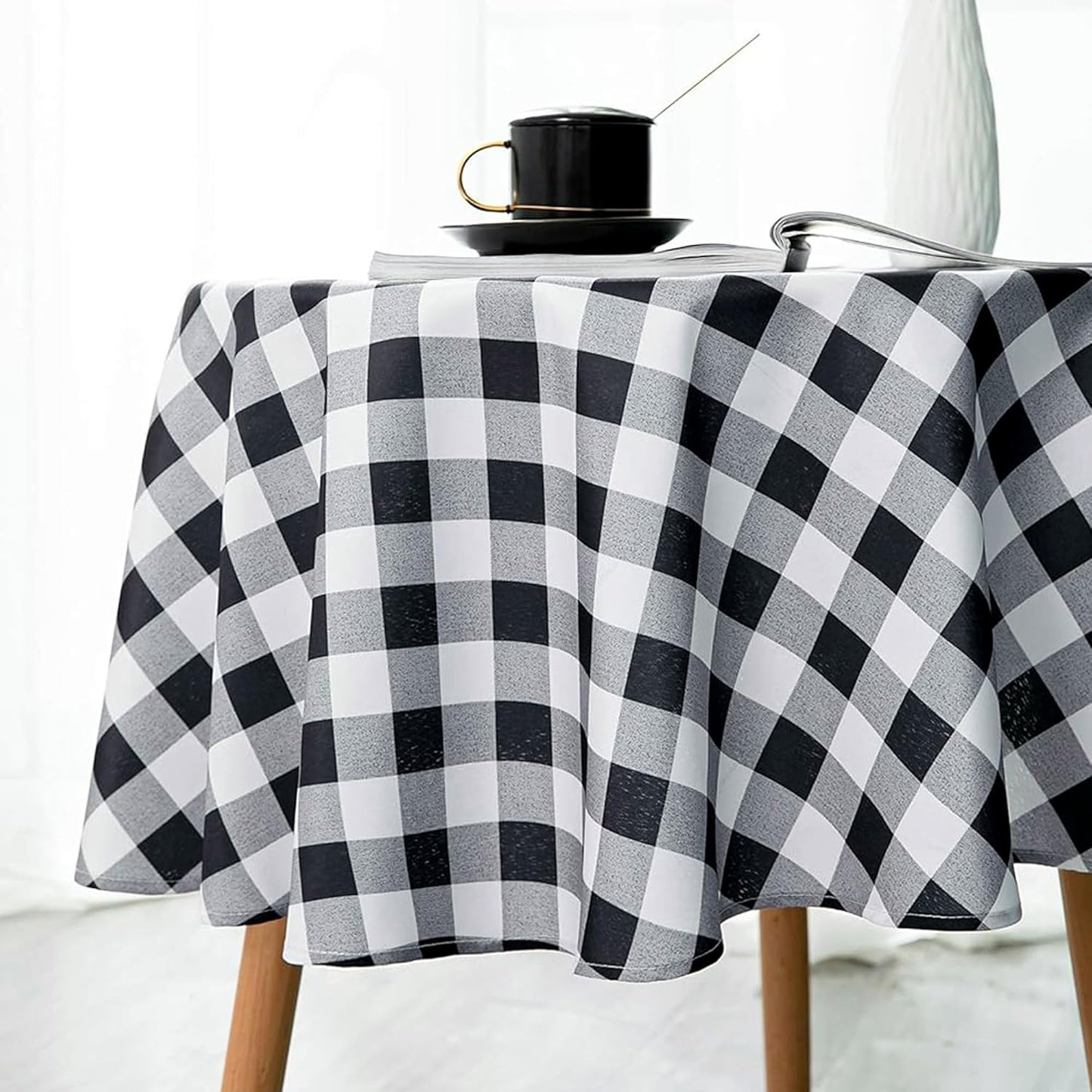 Biscaynebay Fabric Round Tablecloths 70", Black/Grey Scottish Plaid Table Cloth Small Circle Folding Table Covers Water Resistant for Dining, Kitchen, Wedding & Parties