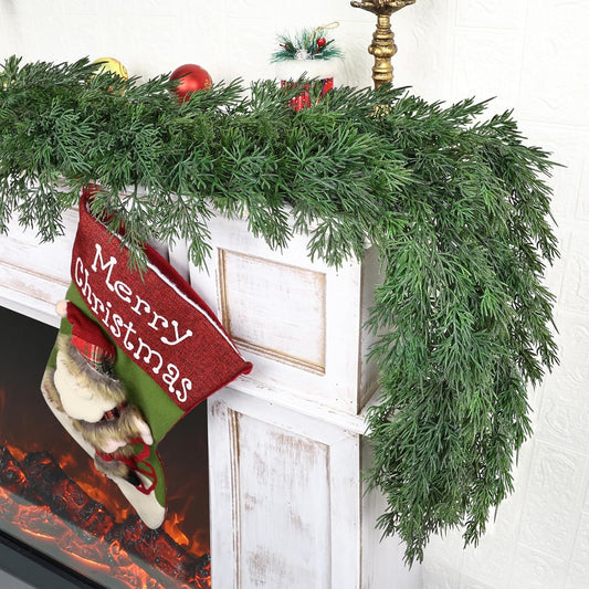 9ft Christmas Cedar Garland, Real Touch Pine Garland, Realistic Cypress Garlands Christmas Decorations for Mantel, Table, Stairs, Porch - Indoor Outdoor Xmas Holiday Decor