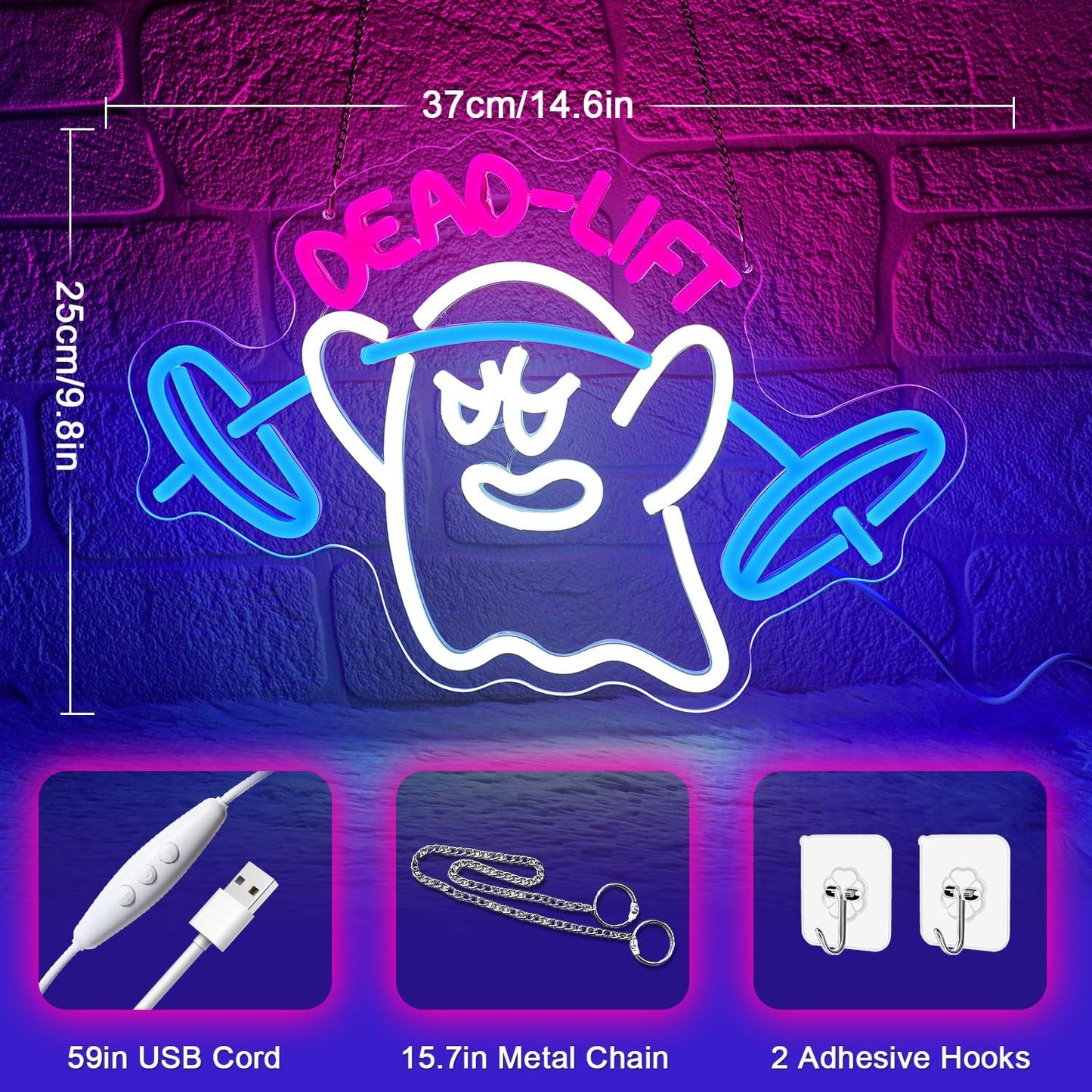 Dumbbell Neon Sign,Neon Signs for Wall Decor,Gym Neon Sign,Ghost Dead Lift Led Sign,Barbell Led Signs for Wall,USB Powered with Dimmable Switch Neon Lights for Bedroom,Gym Decor,Workout