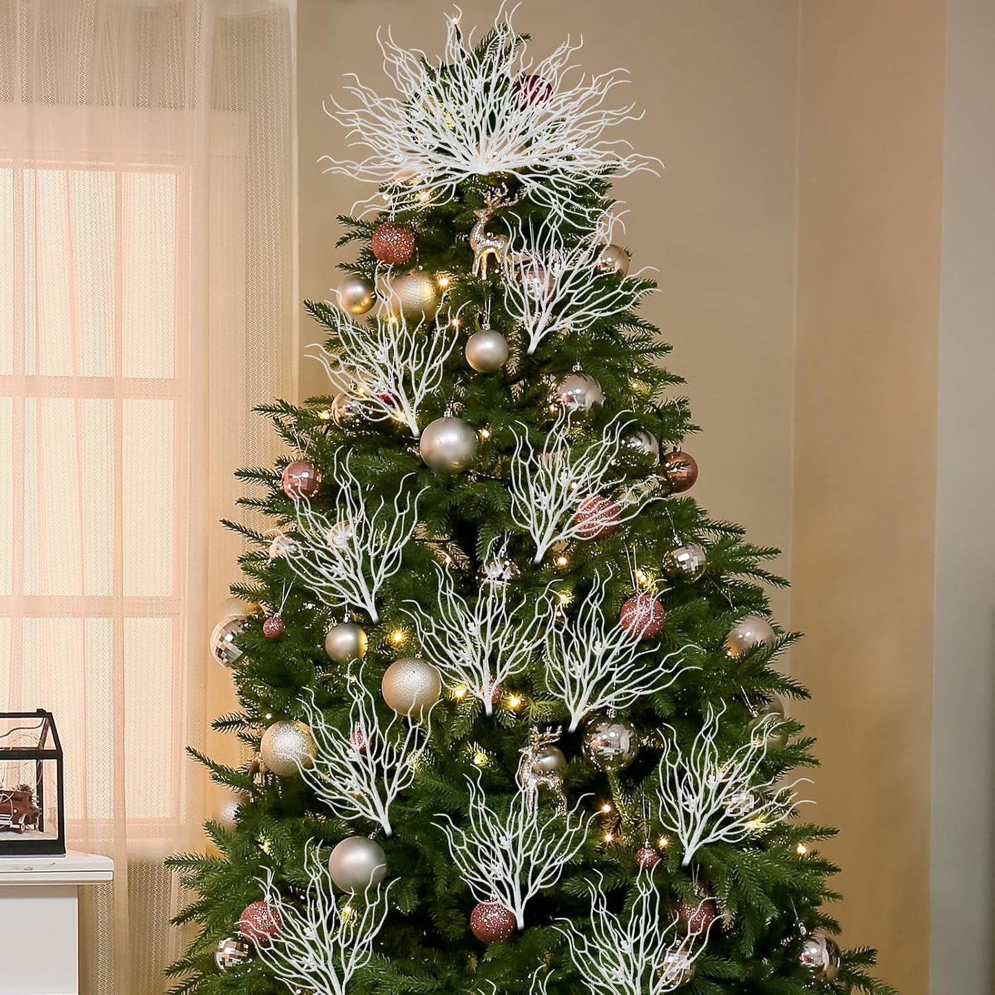 8 Pcs White Coastal Ornaments for Christmas Tree 15.7inch Glitter Coral Beach Ocean Spray Pick Branch Christmas Tree Topper Decorations Filler Twigs for Xmas Vase Wreaths Gift